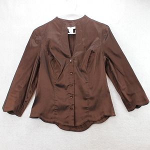 Jackie Jones Sz 8 Top Brown Blouse Scalloped Hem Princess Seam Collarless V-Neck